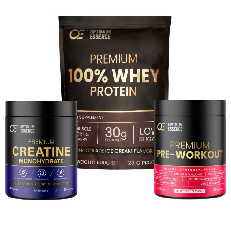 OptimumEssence® Ultimate Gym Stack – Chocolate | Whey, Kreatin & Pre-Workout
