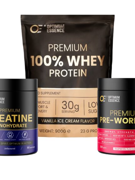 OptimumEssence® Ultimate Gym Stack – Vanilla | Whey, Kreatin & Pre-Workout
