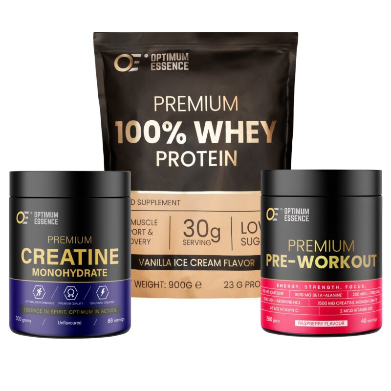 OptimumEssence® Ultimate Gym Stack – Vanilla | Whey, Kreatin & Pre-Workout